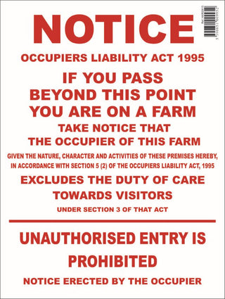 Occupiers Liability Act 1995 Farm Sign